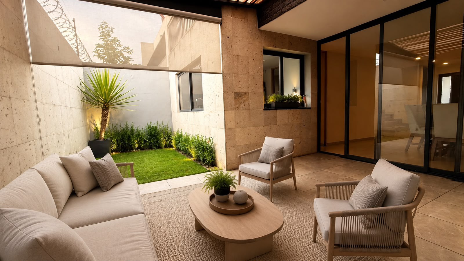 Terraza exterior en forma de L con sofá, sillones y jardín de césped en proyecto entregado TEMBO