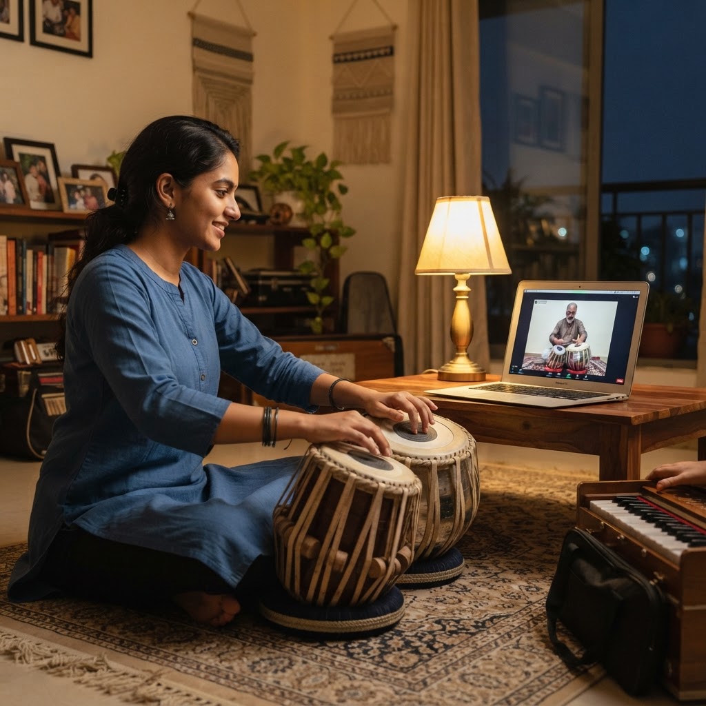 Hands playing a pair of tabla drums
