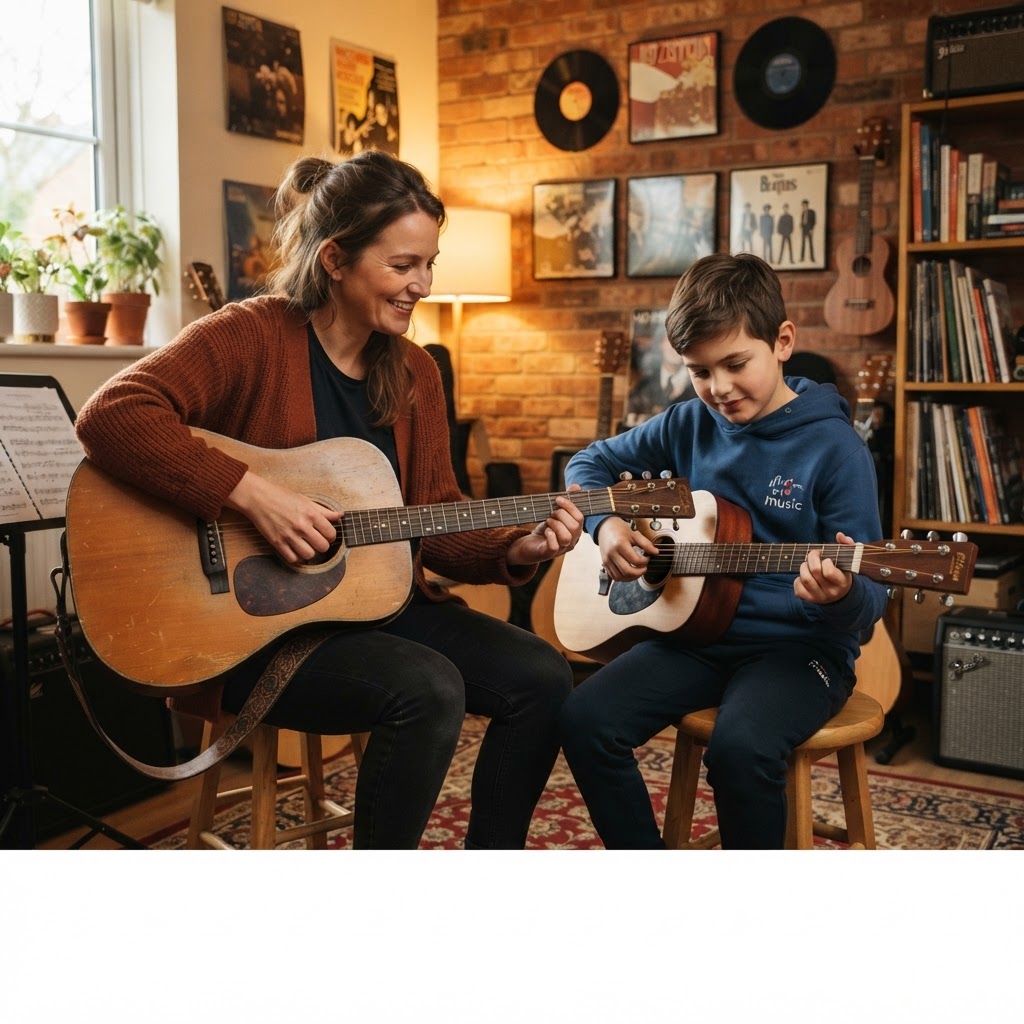 A teacher showing a chord on an acoustic guitar