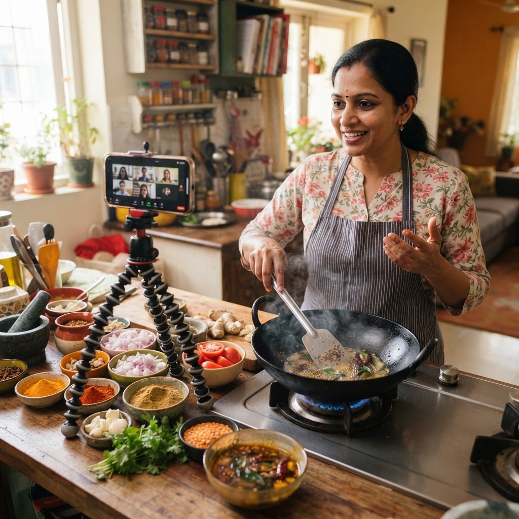 A cook stirring a pan of spices in a bright kitchen