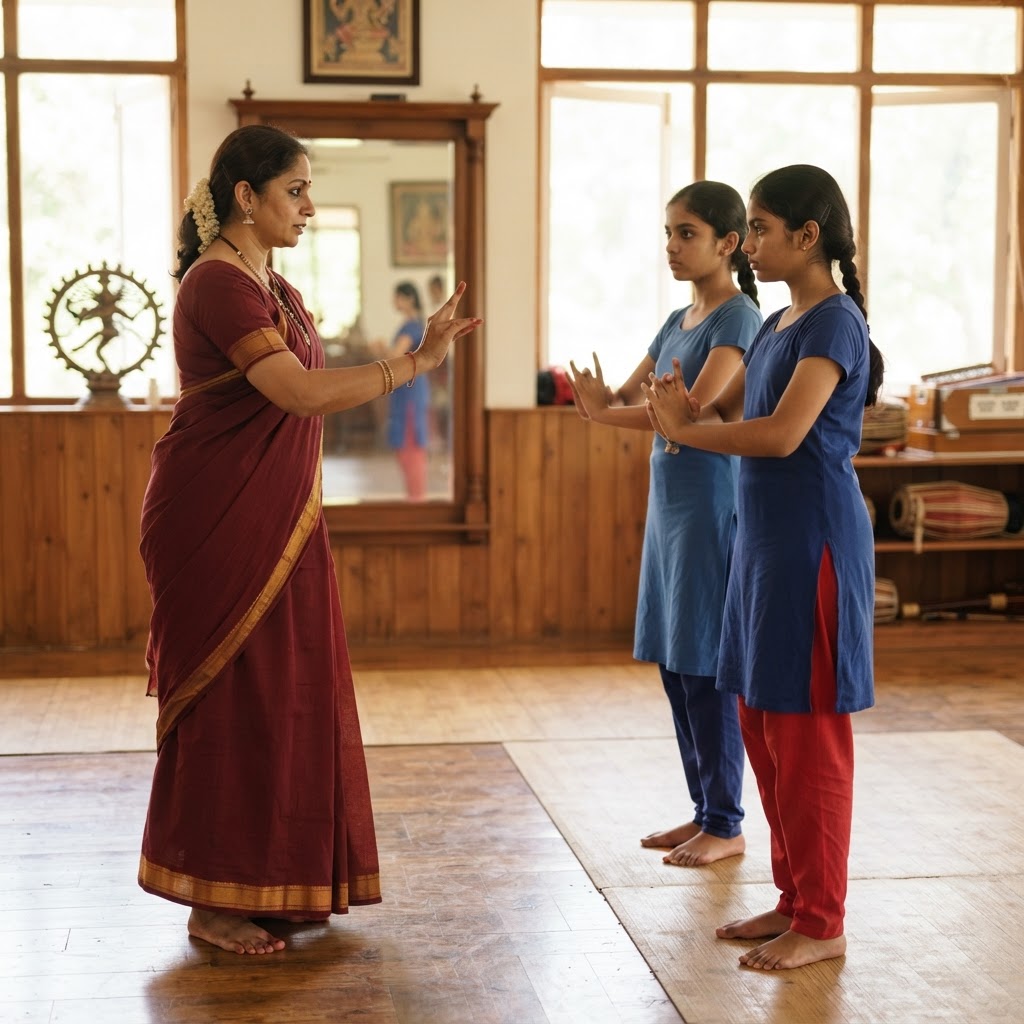 A Kathak dancer mid-spin in a bright studio