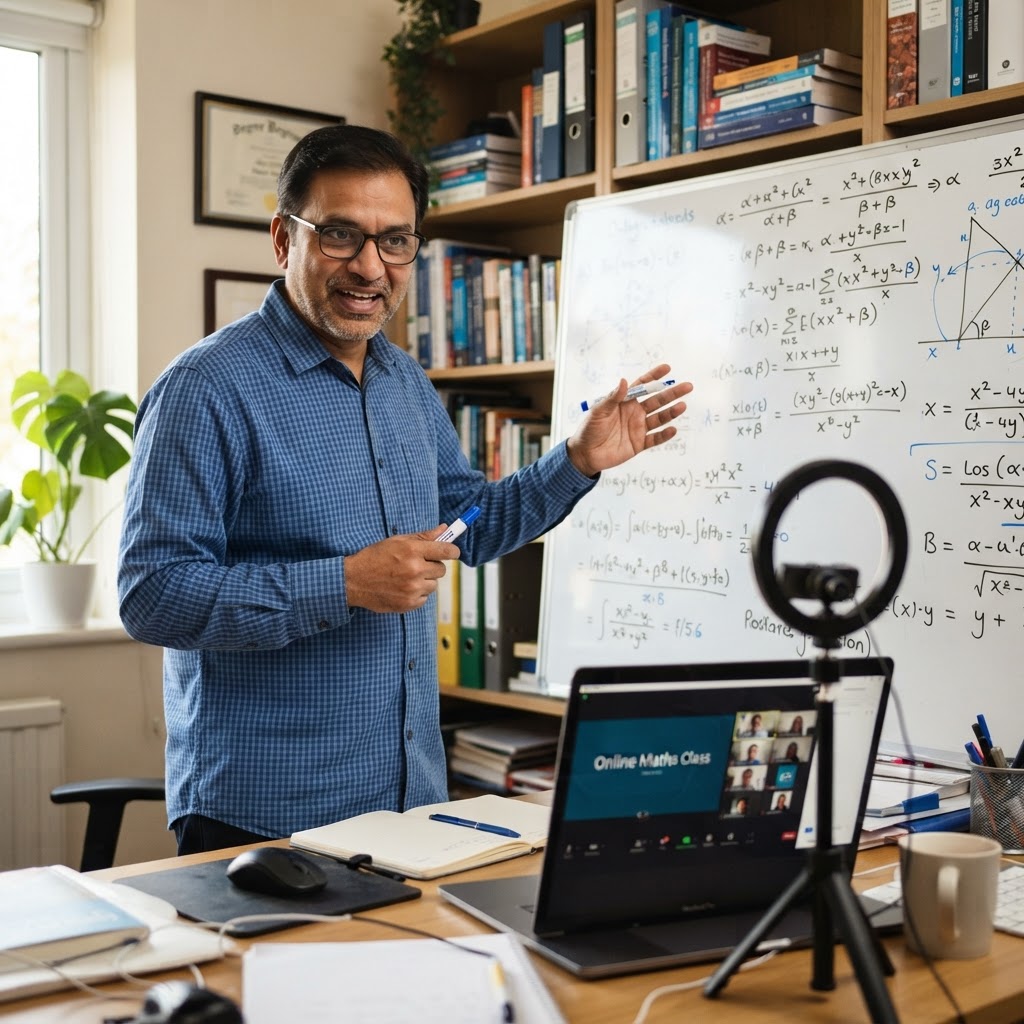 A tutor working through equations on a whiteboard