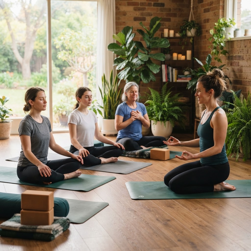 A yoga teacher leading a sunrise vinyasa class
