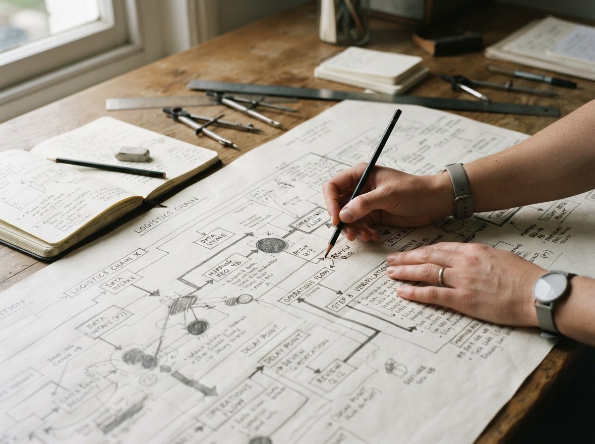 Hands documenting a complex operational process map