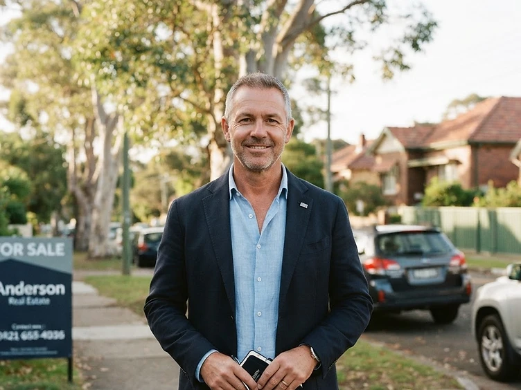 A 50 year old male Australian real estate agent in a suburban street
