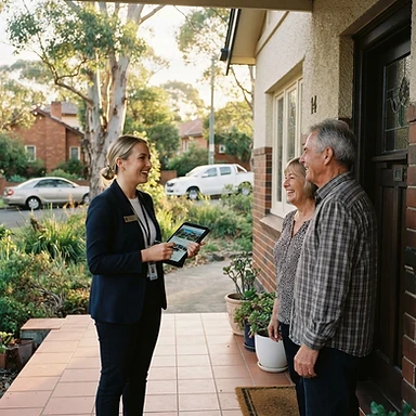 A young Australian real estate agent meeting vendors at their front door