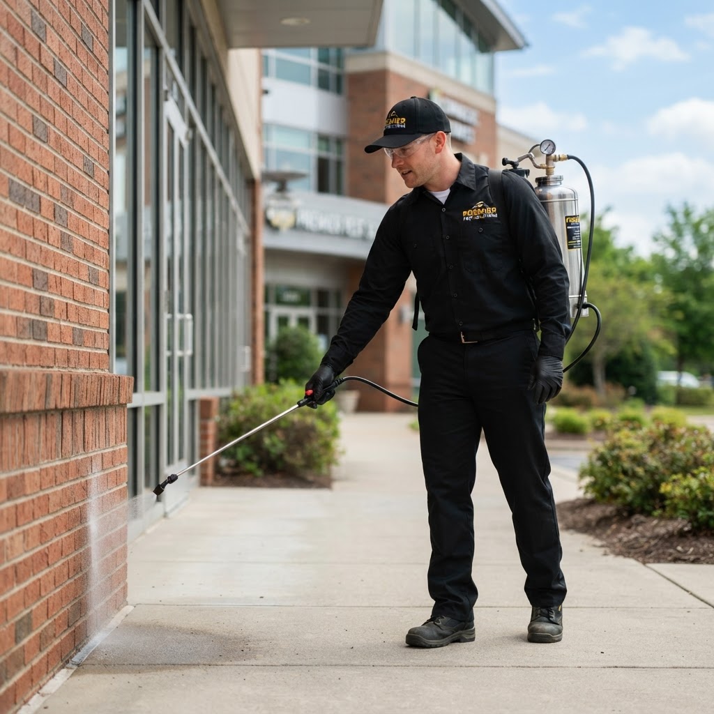 Universal Pest Control technician treating a commercial property