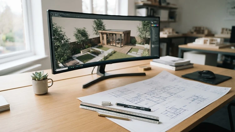 Architect's workspace with 3D model and blueprint