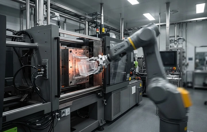 Robotic take-out arm removing a molded part from an injection machine