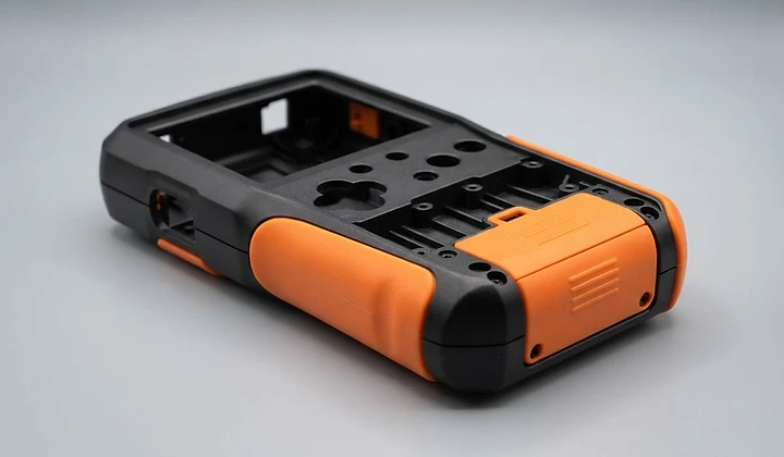 Two-shot double injection molded handheld device housing in black and orange plastic