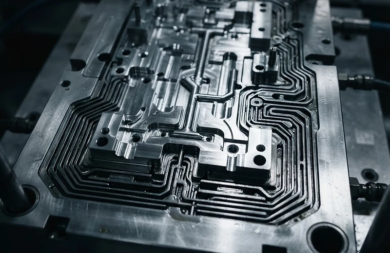 Macro view of a precision plastic injection mold cavity with machined cooling channels