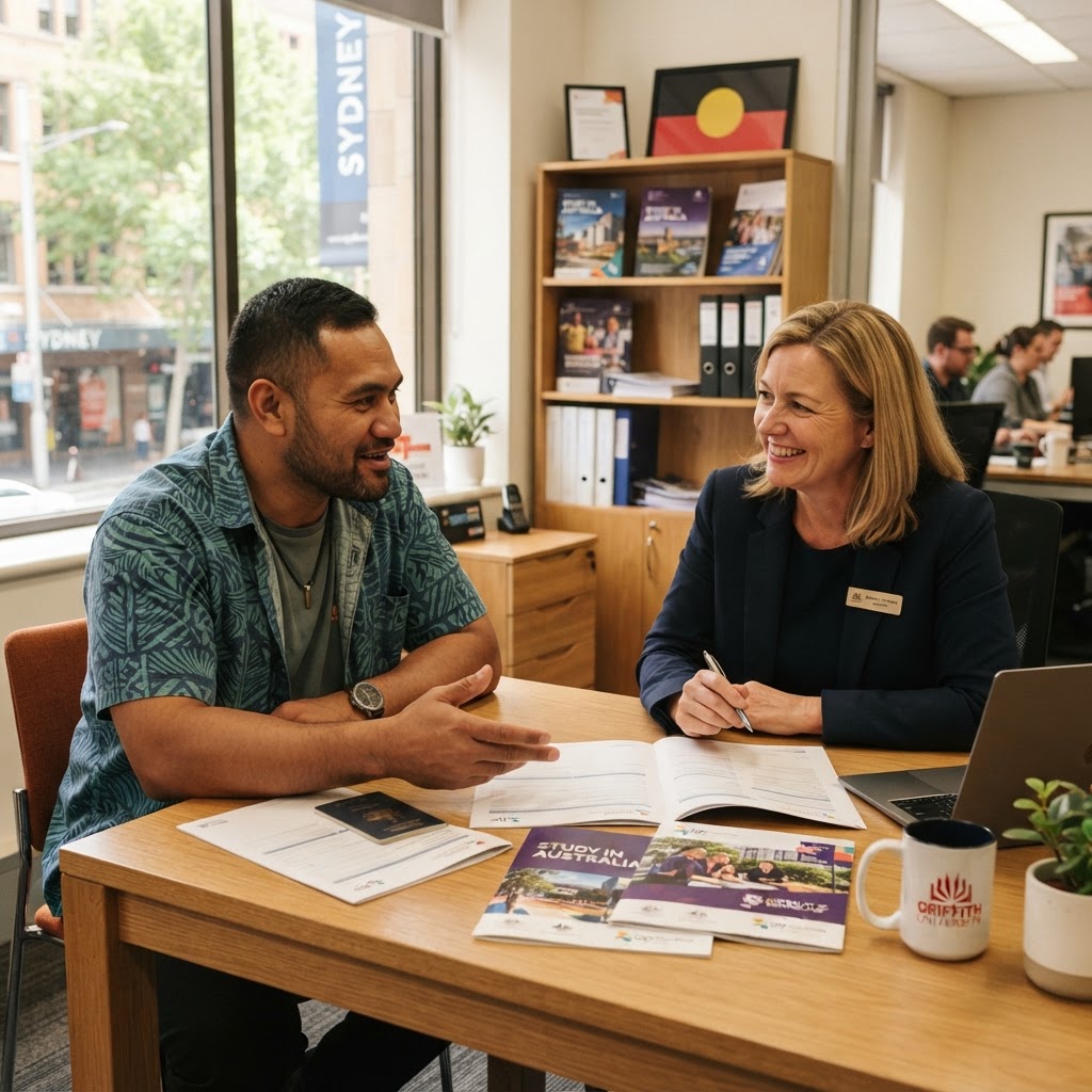 A Helix Plus adviser helping a student with enrolment documents