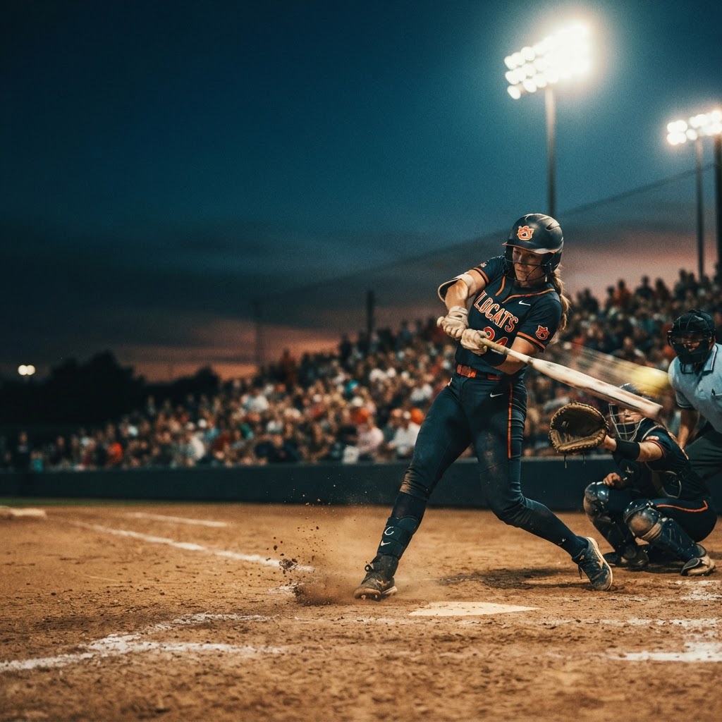 Fastpitch softball player swinging at home plate under stadium lights