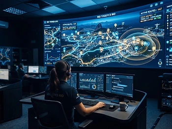 Central de monitoramento com mapa digital do Rio de Janeiro exibindo rotas e raios de entrega