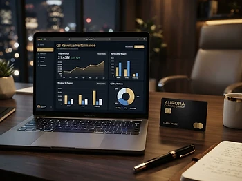 Mesa de escritório dark mode com notebook exibindo gráficos financeiros e cartão corporativo premium