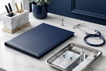 Botox certification materials on a clinical marble counter