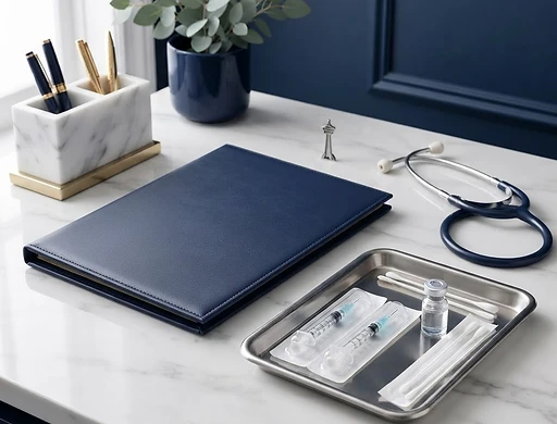 Botox certification materials on a clinical marble counter