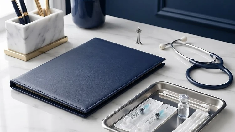 Botox certification materials on a clinical marble counter