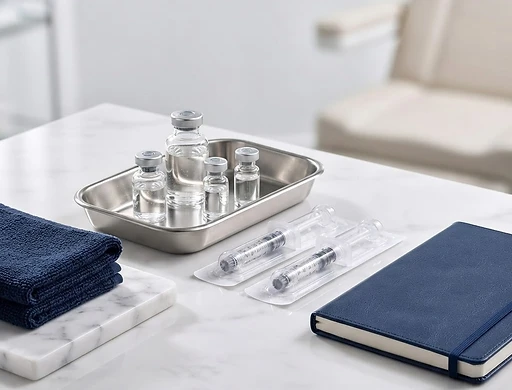 Dermal filler training supplies arranged on white marble