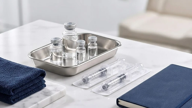 Dermal filler training supplies arranged on white marble
