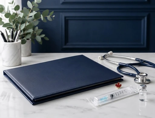 Botox certification materials in a navy and white clinic