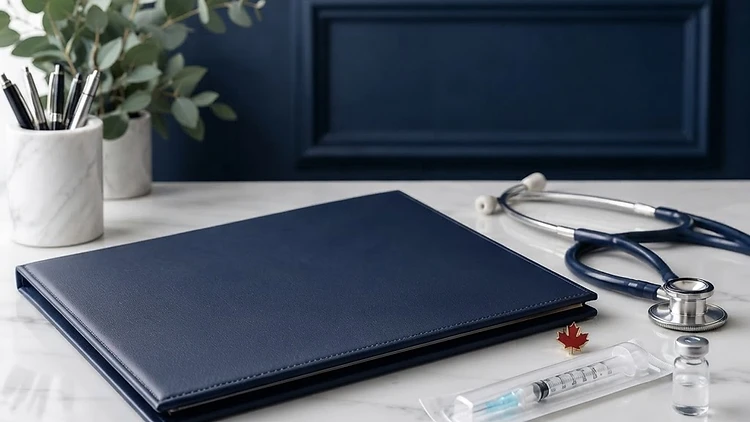 Botox certification materials in a navy and white clinic