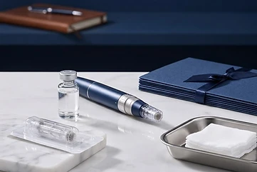 Dermal filler tools arranged on white marble