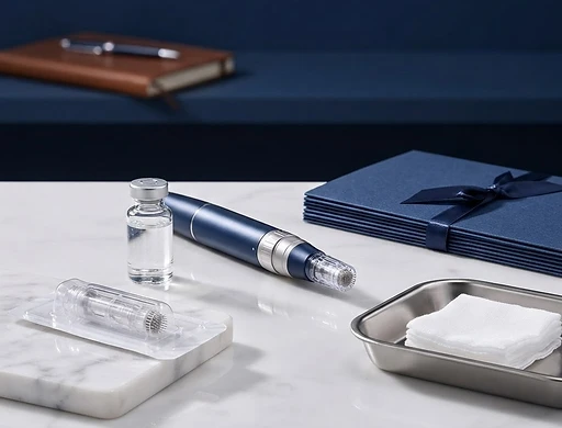 Dermal filler tools arranged on white marble