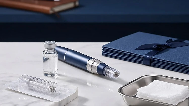Dermal filler tools arranged on white marble