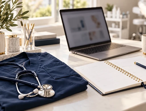 Clinical planning desk with navy scrubs and study materials