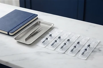 Dermal filler training supplies on a polished marble counter