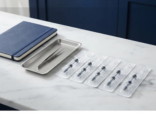 Dermal filler training supplies on a polished marble counter