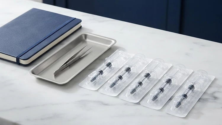 Dermal filler training supplies on a polished marble counter