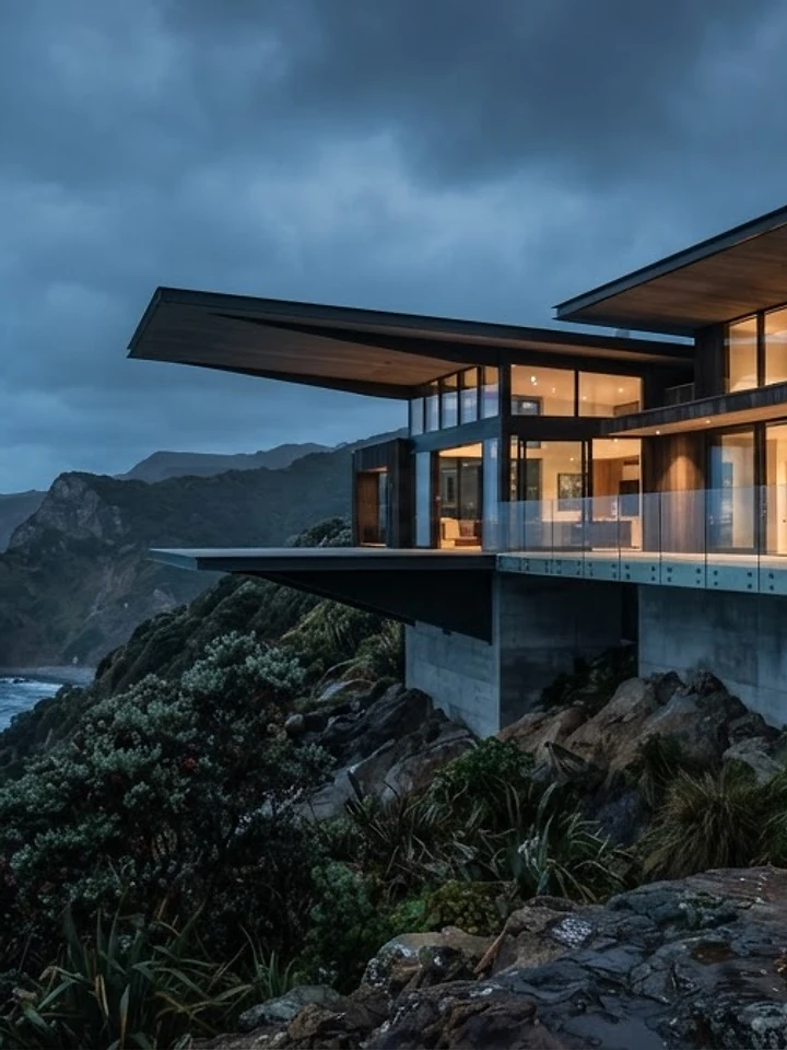 Modern New Zealand coastal home with cantilevered roofs