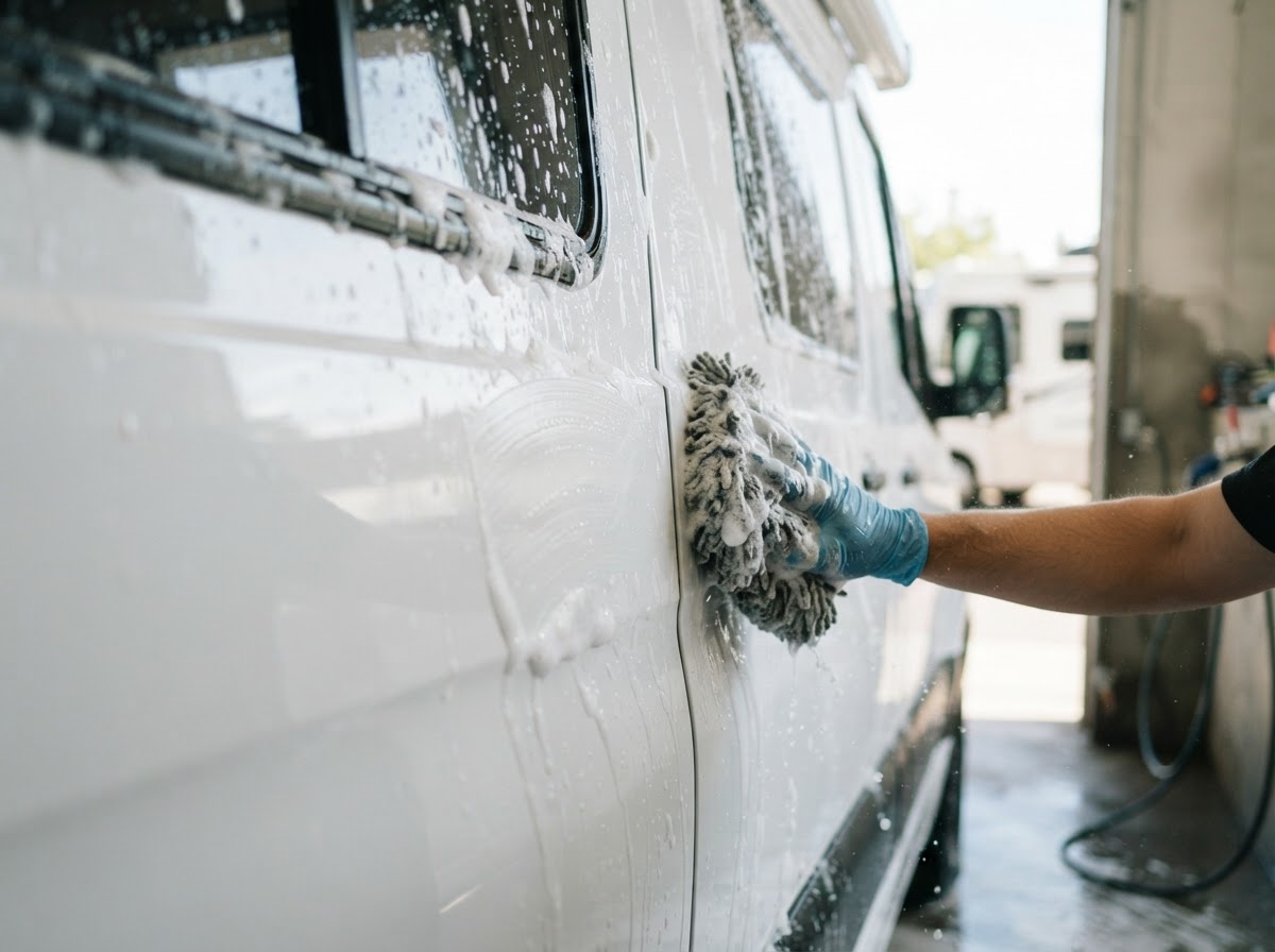 Clean camper van exterior being washed in bright lighting