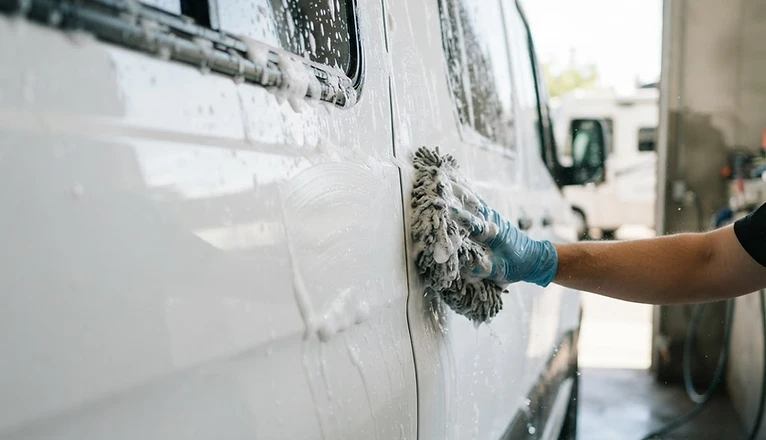 Clean camper van exterior being washed in bright lighting