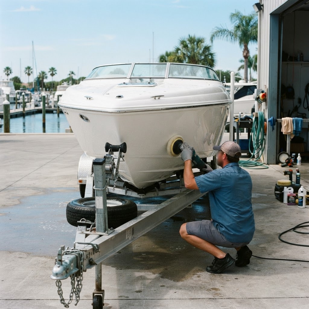 Pristine white boat hull with a glossy gel coat finish being detailed by a professional