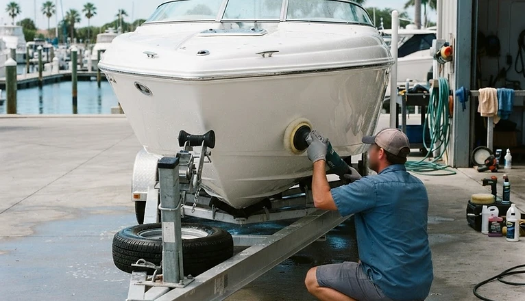 Pristine white boat hull with a glossy gel coat finish being detailed by a professional