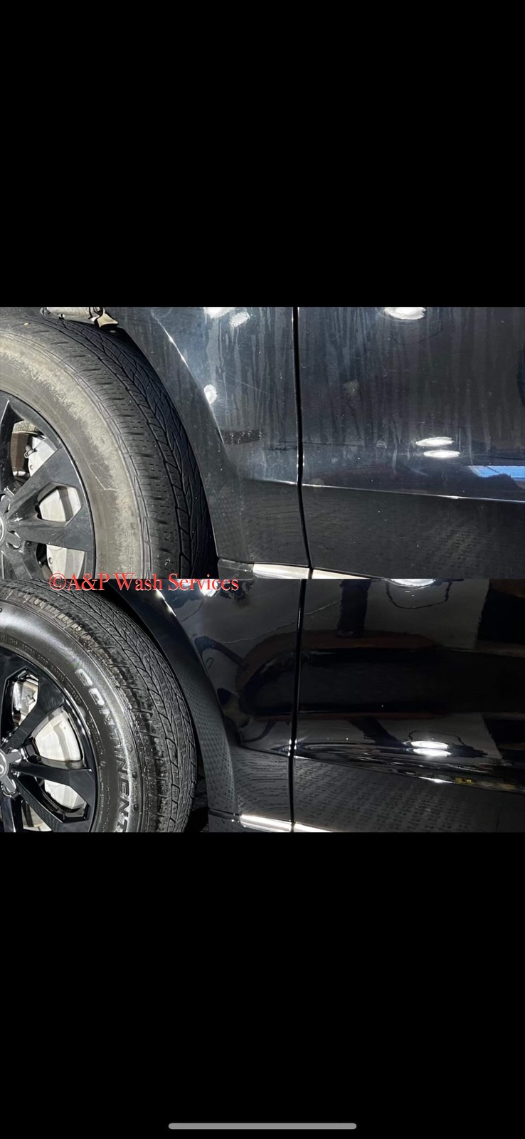 Before and after split view of a black vehicle fender and wheel showing dirty road grime above and a polished high-gloss finish below by A&P Wash Services