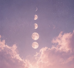 A vertical column of moon phases in a starry twilight sky