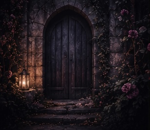 A candlelit arched stone doorway with climbing roses