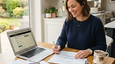 Homeowner reviewing a heat pump grant application at a kitchen table