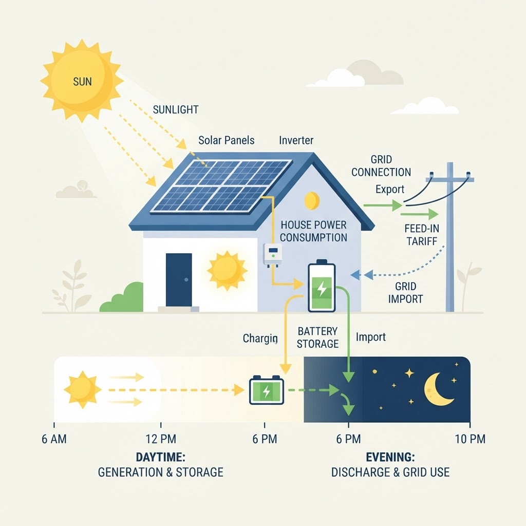 Diagram of daily solar energy flow from panels to house, battery and grid