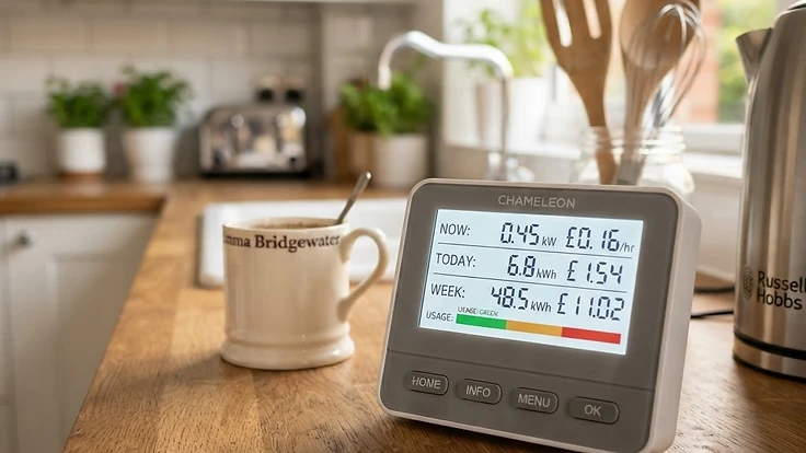 Smart energy meter display in a bright modern UK kitchen