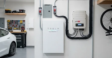 Home battery storage unit mounted in a garage