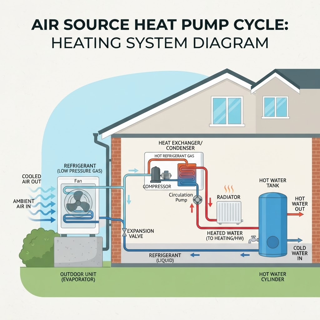 Diagram of an air source heat pump cycle from outdoor unit to radiators and hot water cylinder