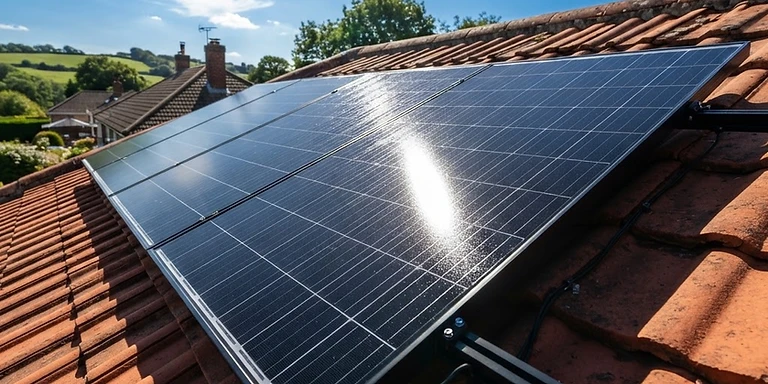 Solar panels installed on a tiled UK roof in bright daylight