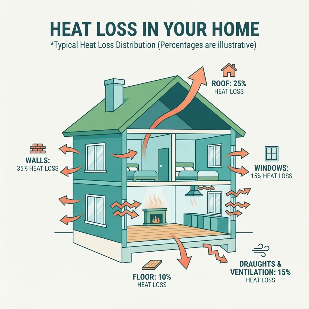 Diagram showing where heat is lost from a house through roof, walls, windows, floor and draughts