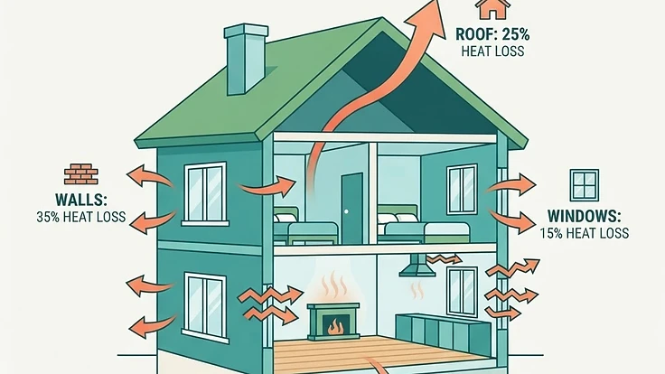 Diagram showing heat loss from a house through roof, walls, windows, floor and draughts
