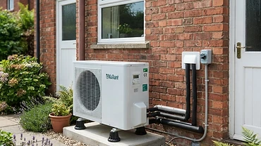 Modern air source heat pump installed beside a UK brick house